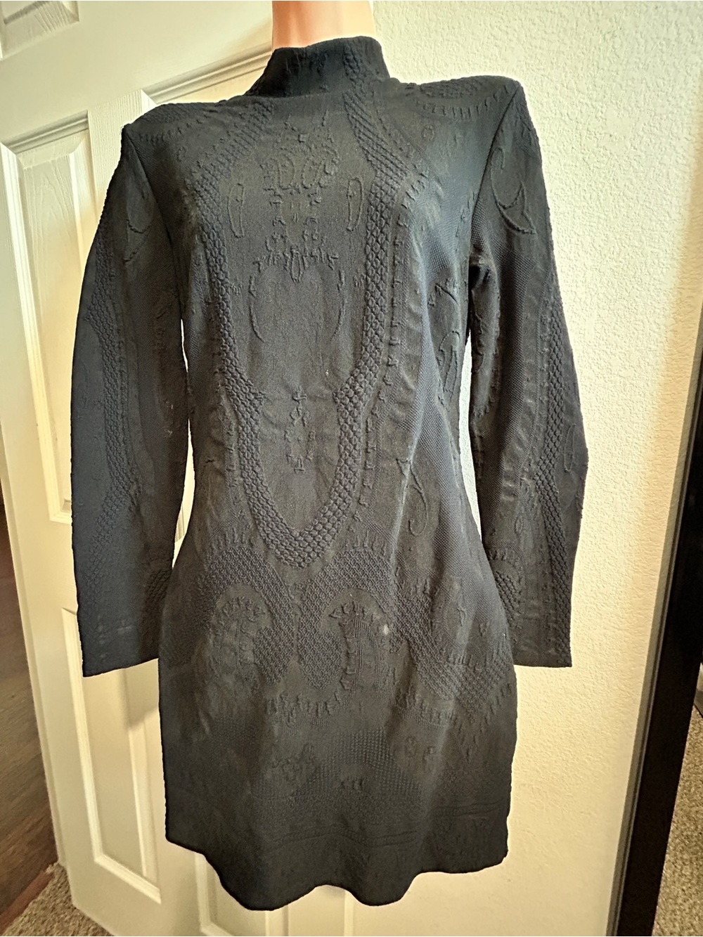 bebe Black Textured Mock-Neck Long Sleeve Dress